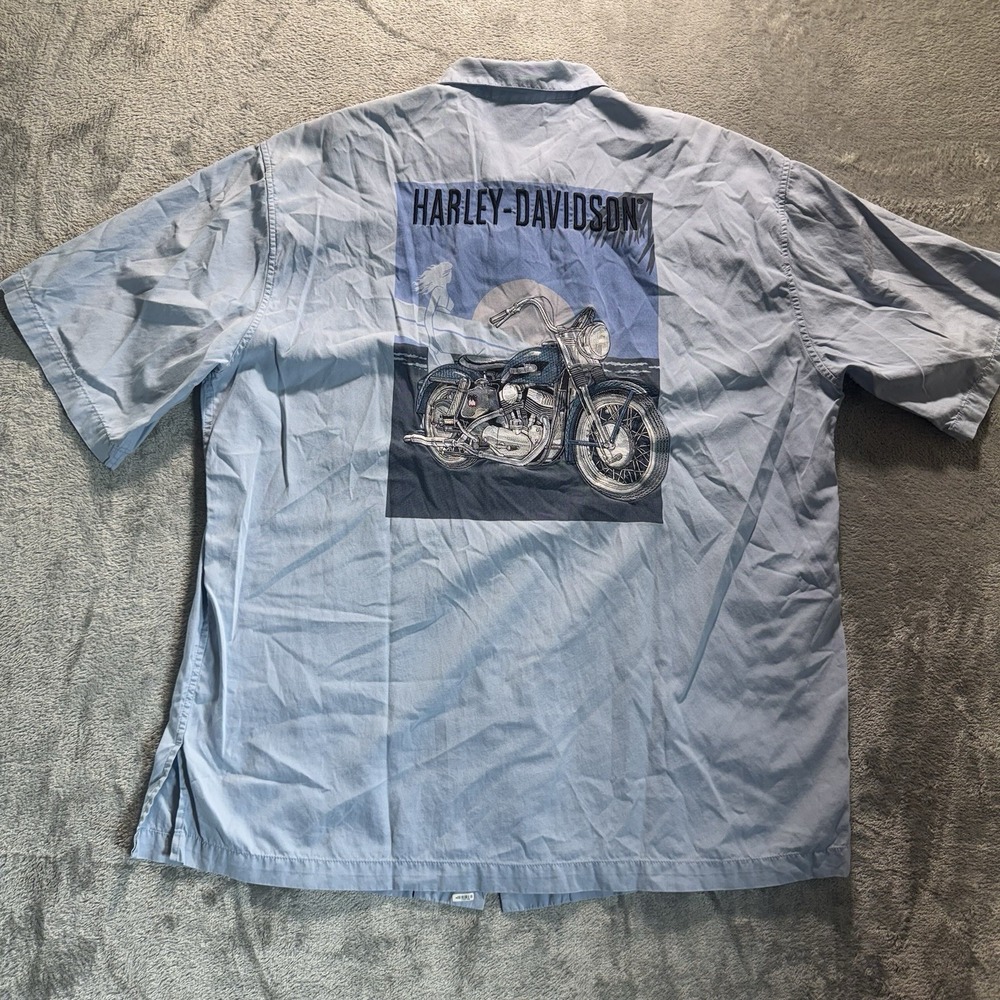 Harley Davidson Silk Blend Shirt Button Up Men's Size XL Blue Embroidered Biker